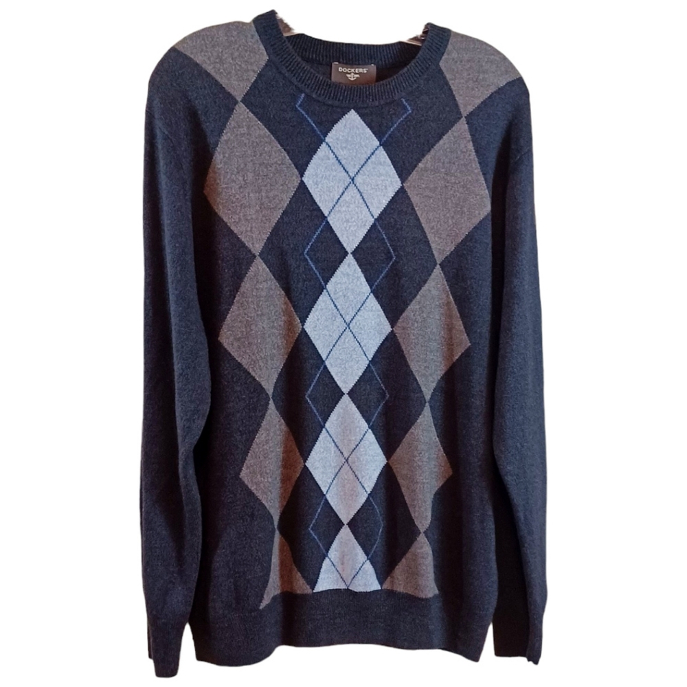 Dockers Gray Argyle Sweater Mens X-Large White Accents Long Sleeve Casual Warm
